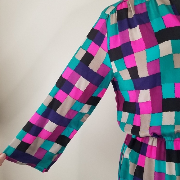 Britt Ryan 100% Silk Geometric Print Long Sleeve Blouson Dress Size M Colorful - Picture 5 of 15